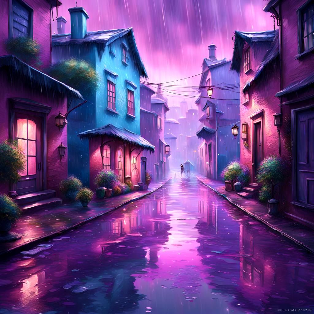 Rainy Day Street Scene in Detailed Matte Painting