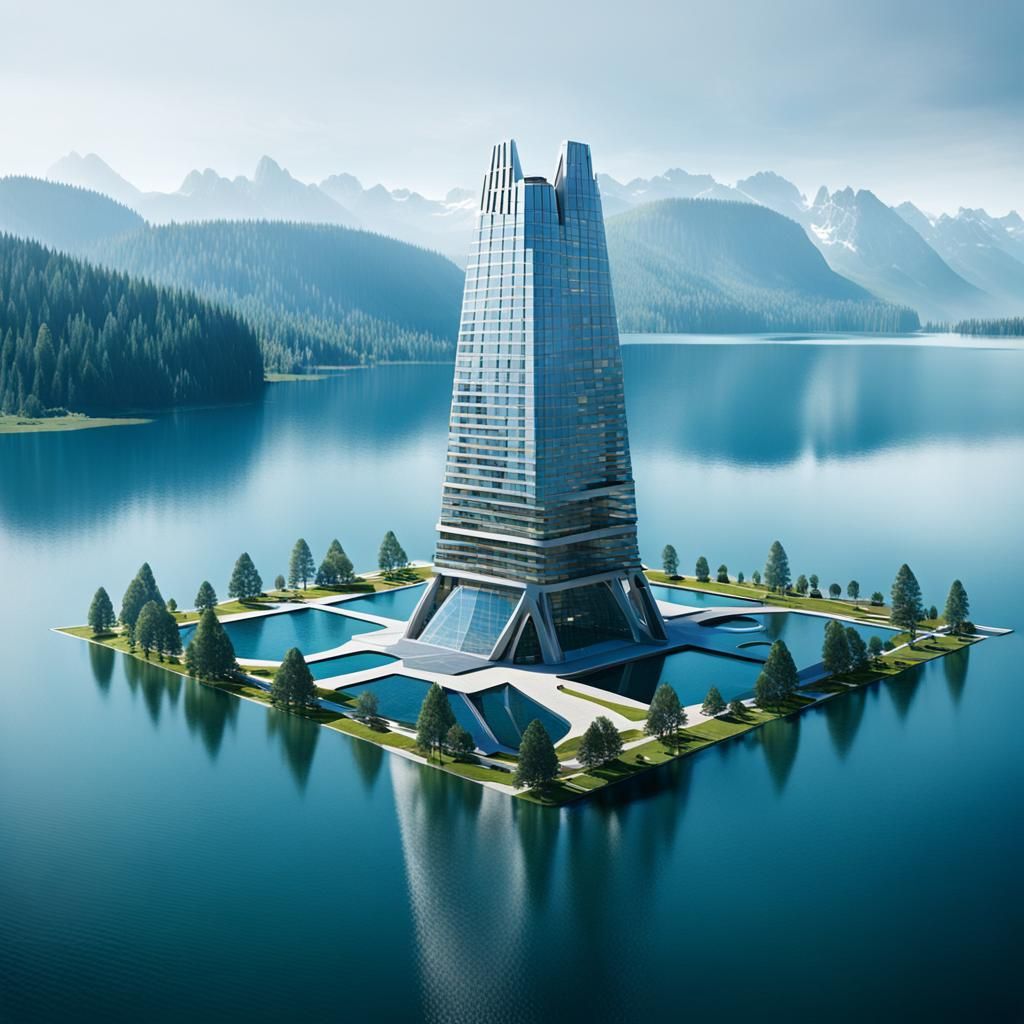 Futuristic Tower Complex on a Lake