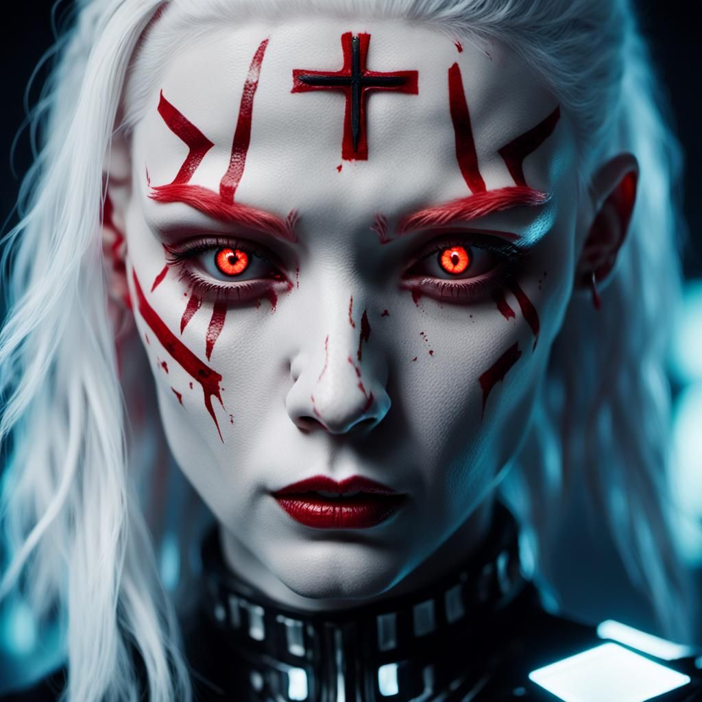 Cyberpunk Woman Portrait with Albino Skin and Neon Lighting