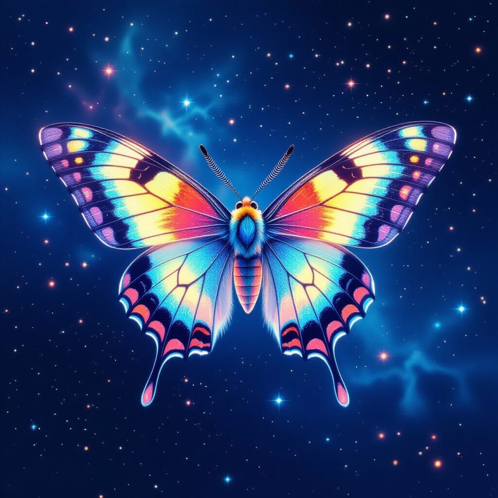 Iridescent Moth Floating in Starry Space