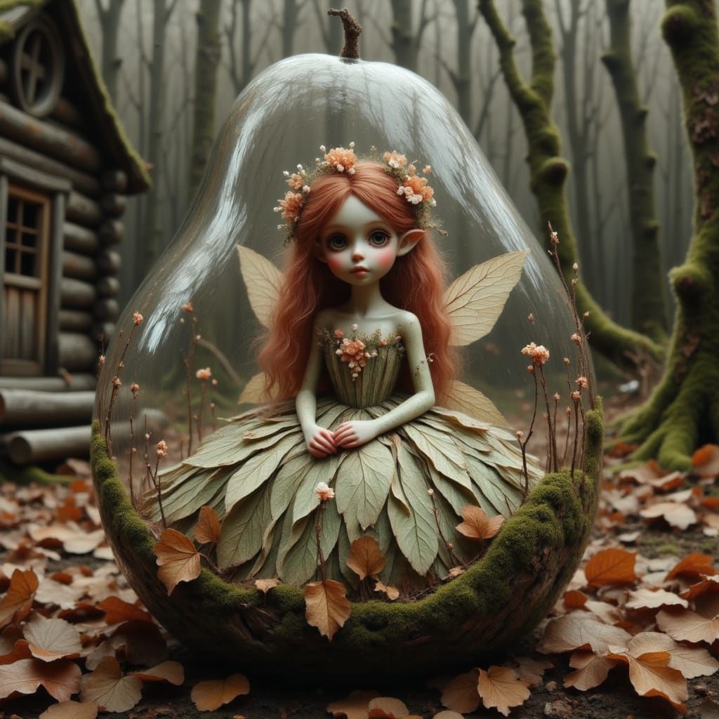 Red-Haired Princess in Glass Pear, Woodland Fairy Art