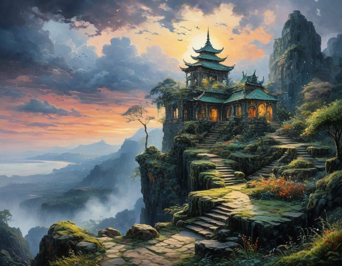 Majestic Ancient Temple Overgrown with Luminous Moss