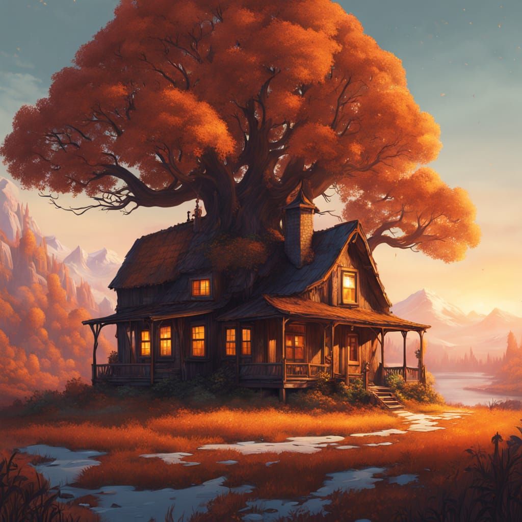 Mystical Amber Forest Scene in Whimsical Style