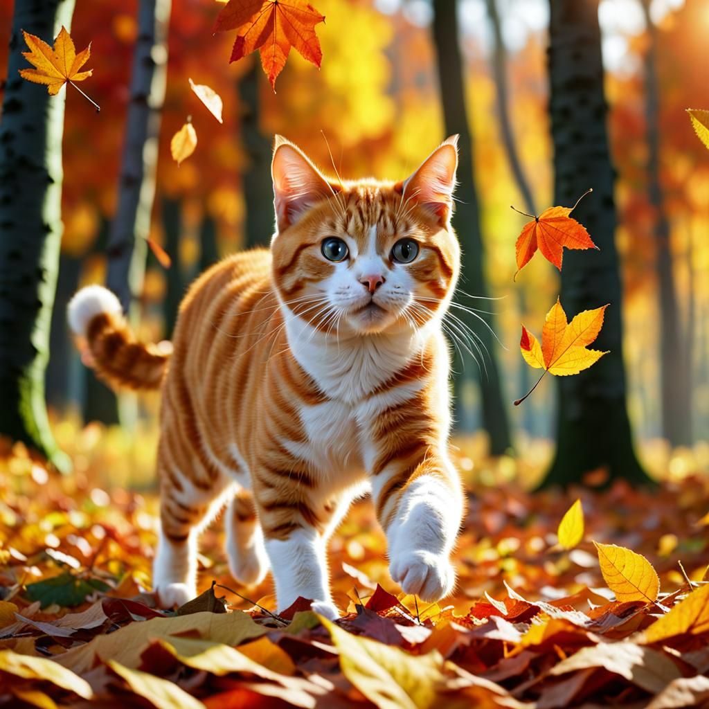 Ginger Cat Plays in Autumn Leaves as Blazing Sunset