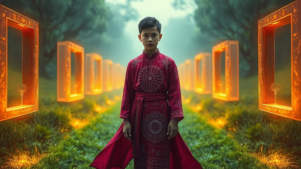 Mystical Green Pathway with Humanoid Reporter