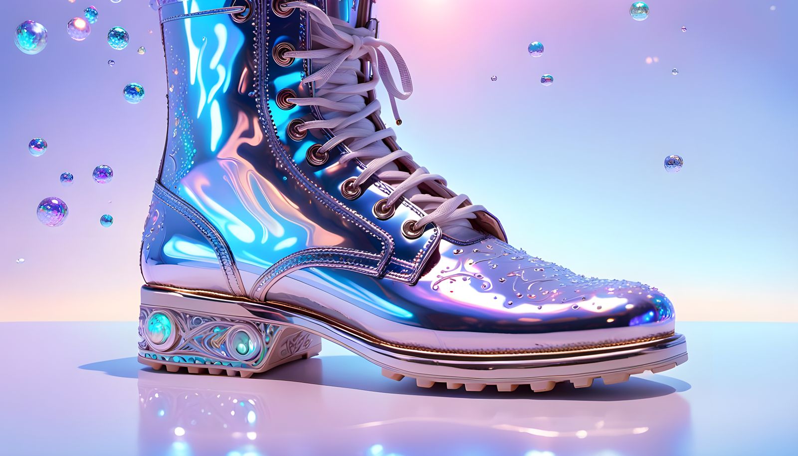 Luxurious Chrome Opal Boot in Cinematic Close-Up