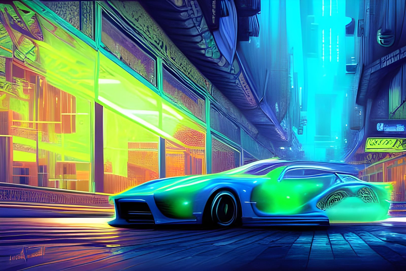Luxury Neon Car in Dark City, Digital Painting
