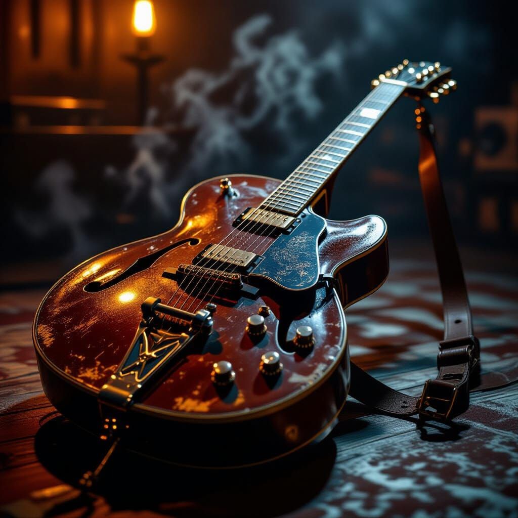 Intricately Detailed Steel Guitar in Smoky Room
