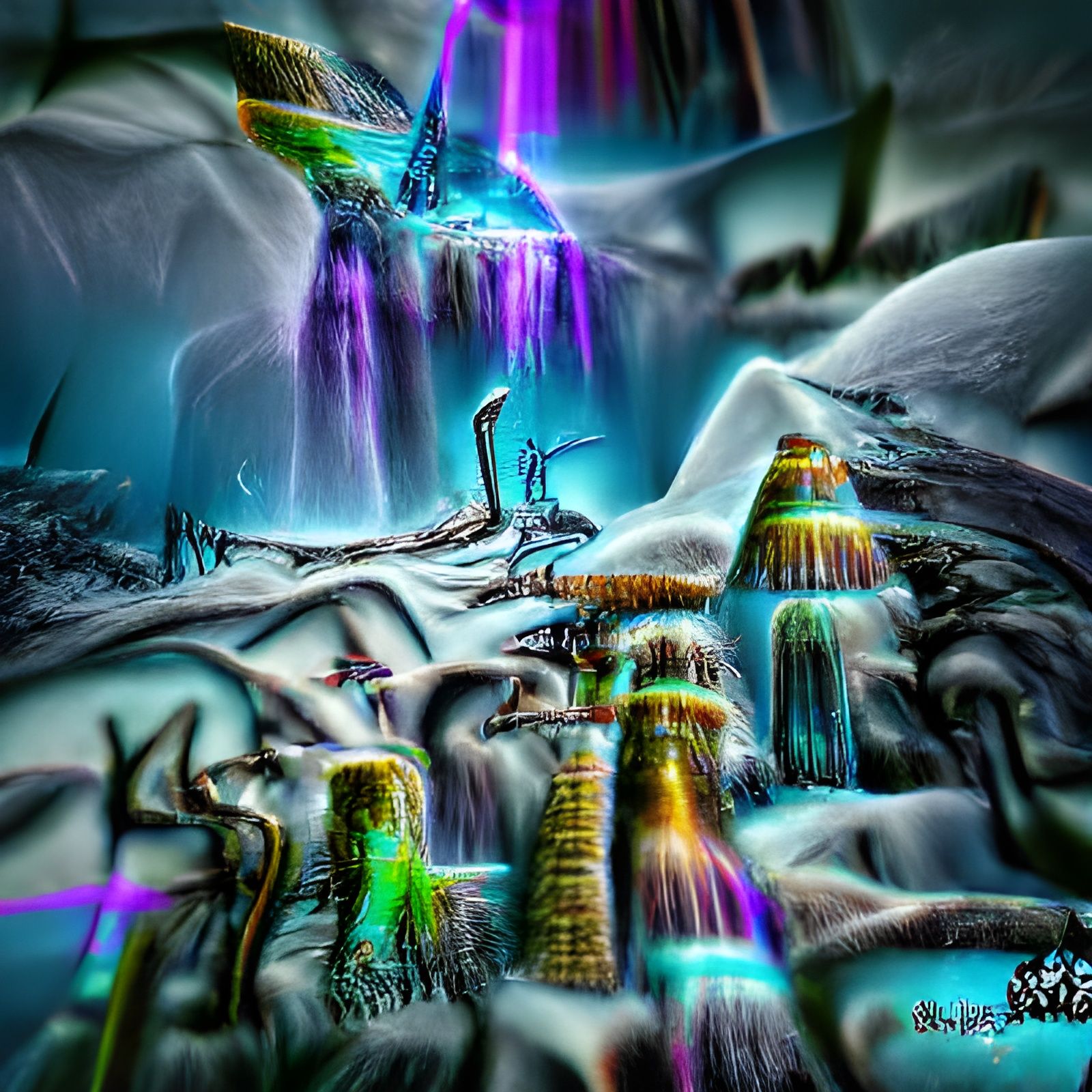 Psychedelic Alien Landscape with Frozen Nitrogen Waterfalls