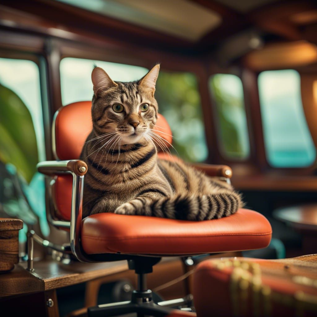 Tabby Cat Captain on Tropical Reef in Eames Chair