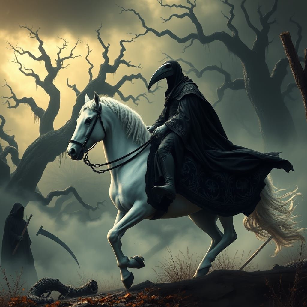 Plague Doctor Rides Through Ominous Forest