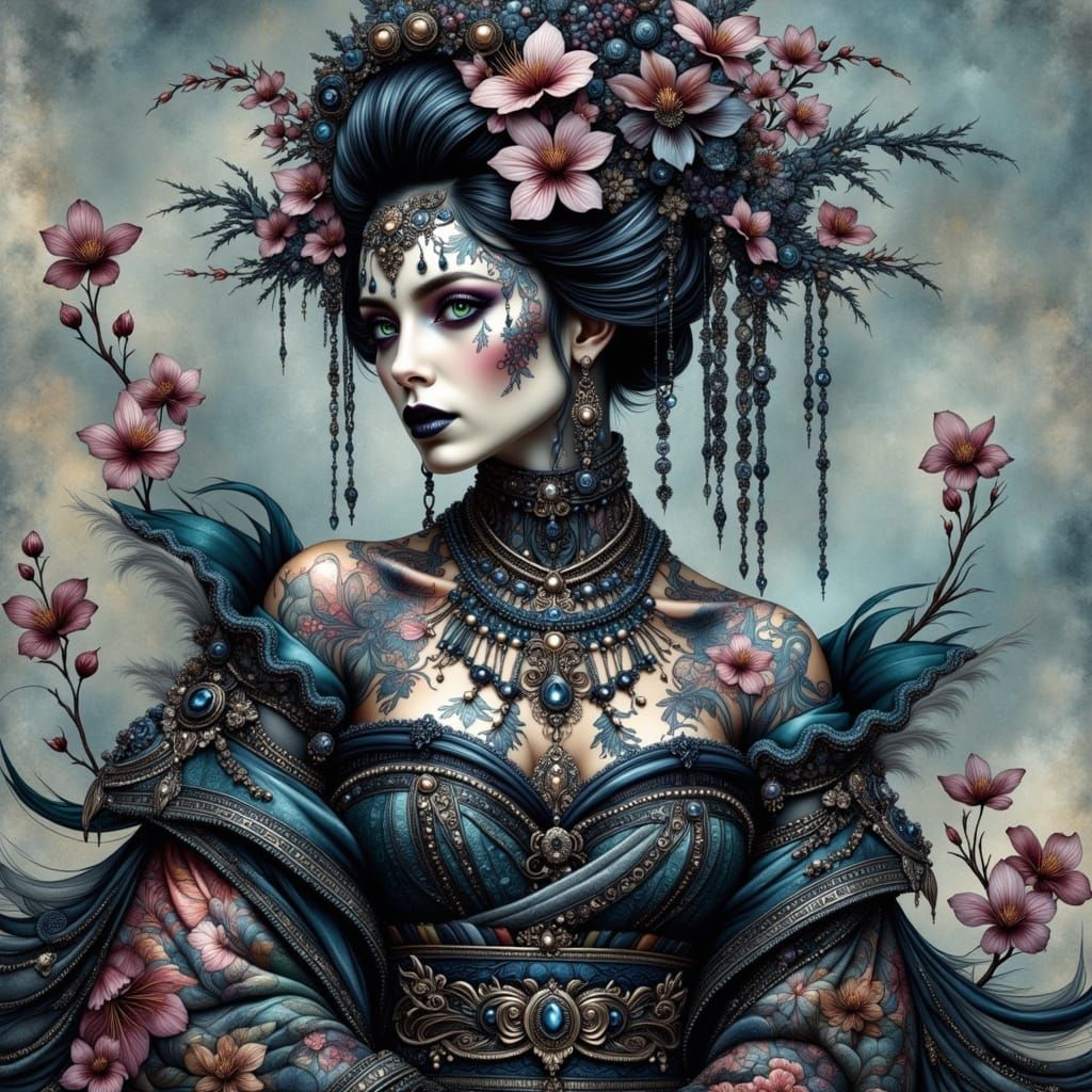 Goth-Punk Geisha with Cherry Blossom Tattoos