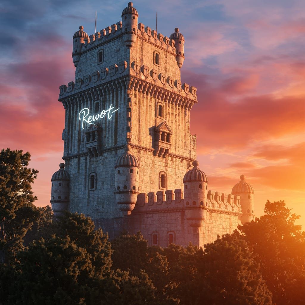 Ancient Tower at Sunset with Glowing Runes