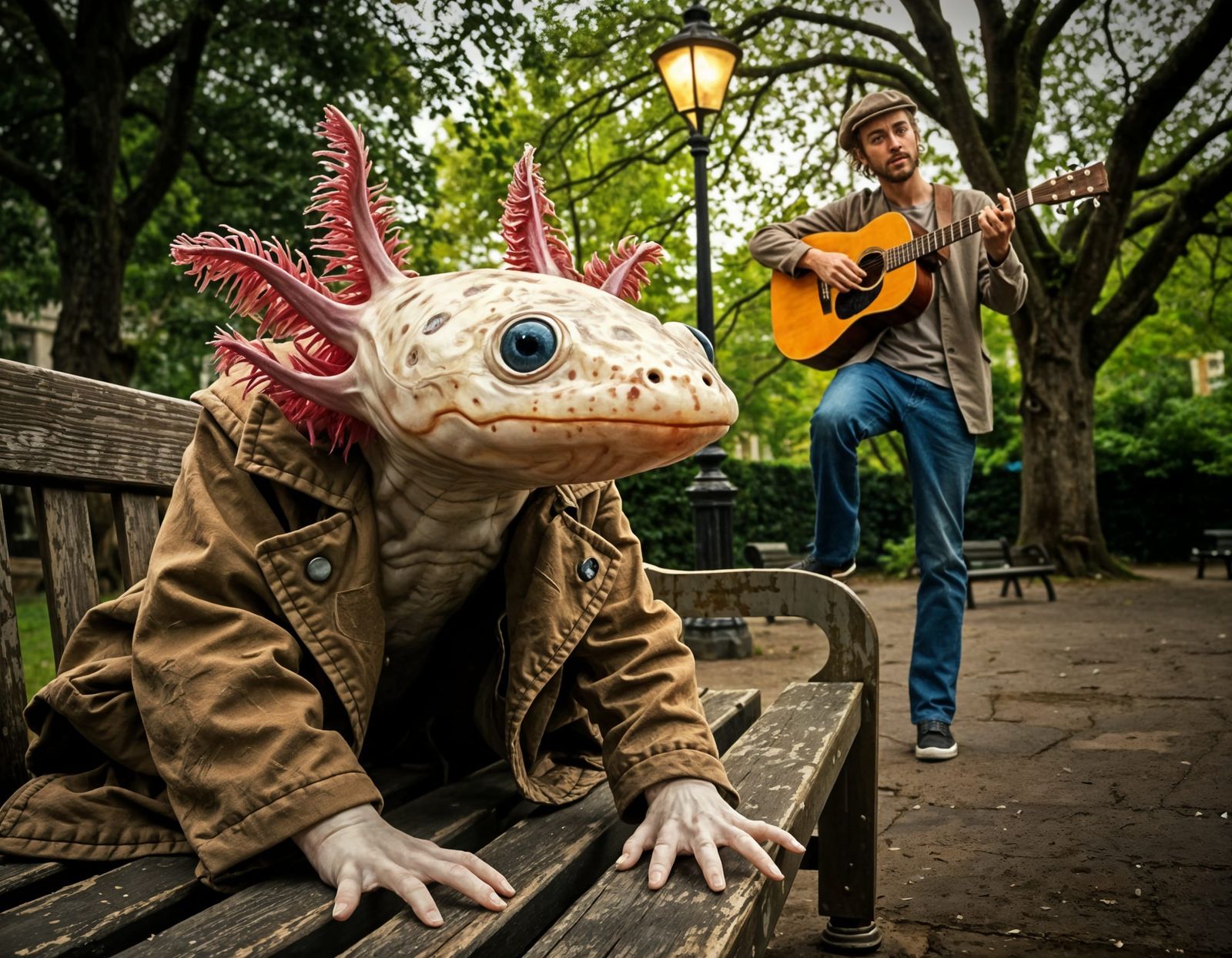 Axolotlung, sitting on a park bench. Ian Anderson of Jethro Tull sings "Aqualung".