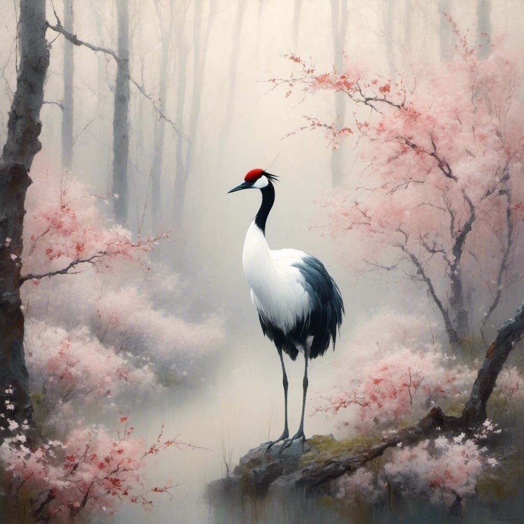 Red-Crowned Crane Portrait in Ukiyo-e Style