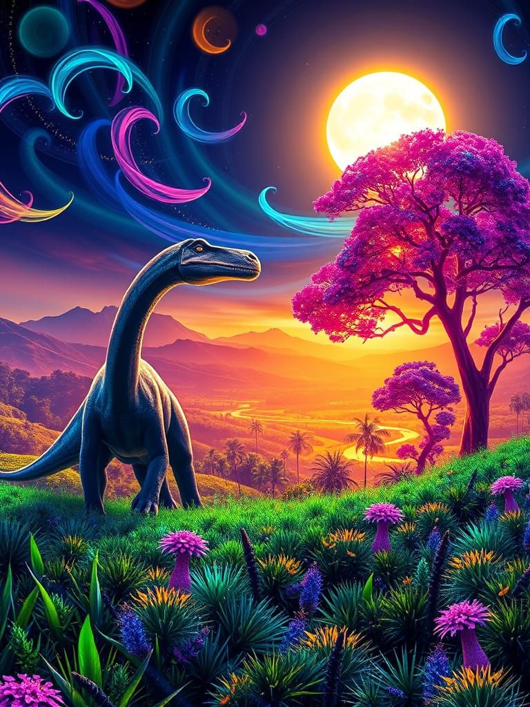 Ethereal Dinosaur Landscape in Vibrant, Cyberpunk Style
