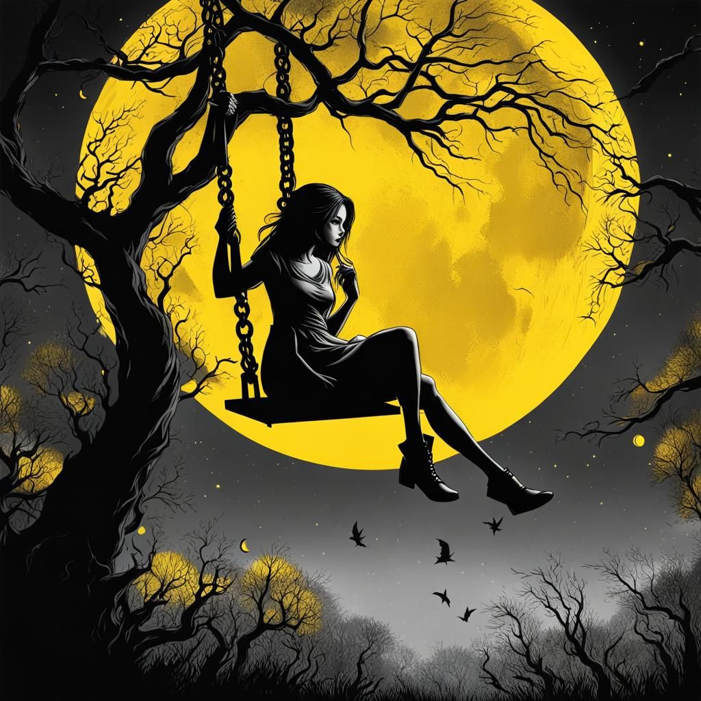 Girl on a Swing Under Bright Moon, Dark Fantasy