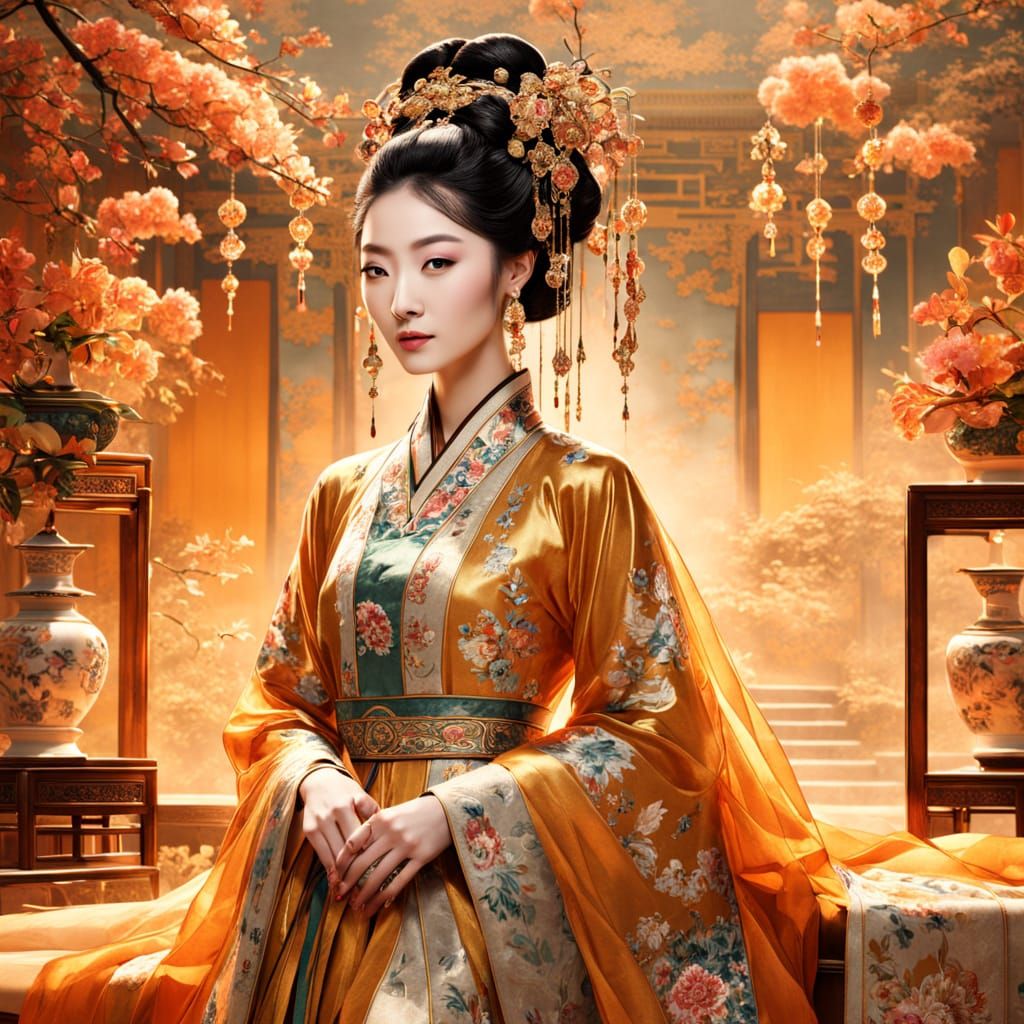 Tang Dynasty Noblewoman in Opulent Digital Scroll Painting