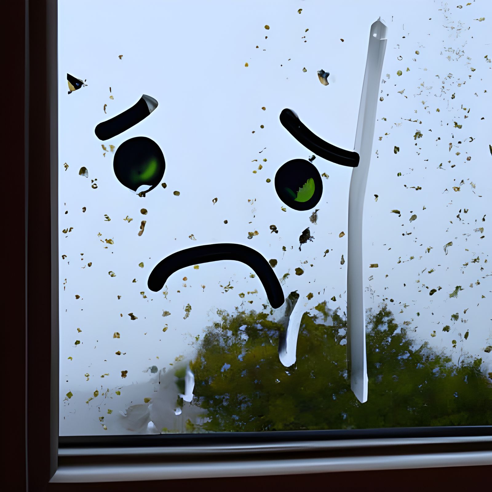 Sad Face on Window in Rainy Weather