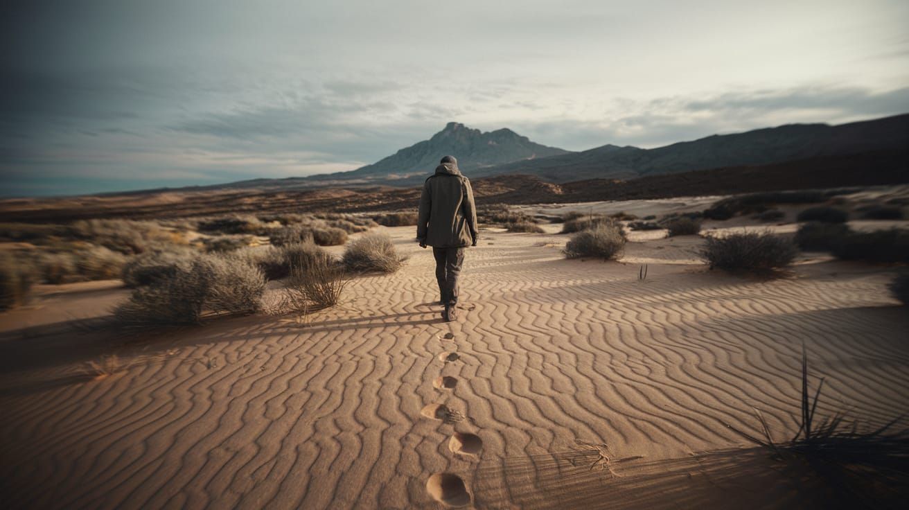 Man Follows Footprints in Desert Landscape Cinematography