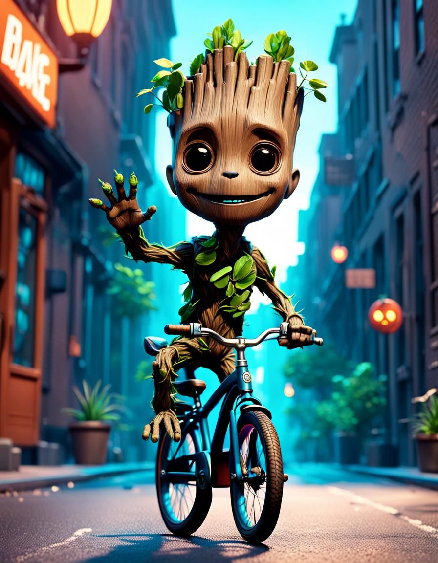 Baby Groot Rides Bicycle: 3D Digital Art
