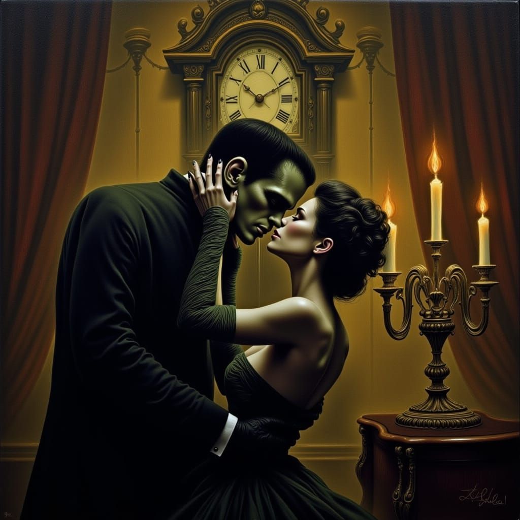 Gothic Romance: Frankenstein and Wife Kiss at Midnight