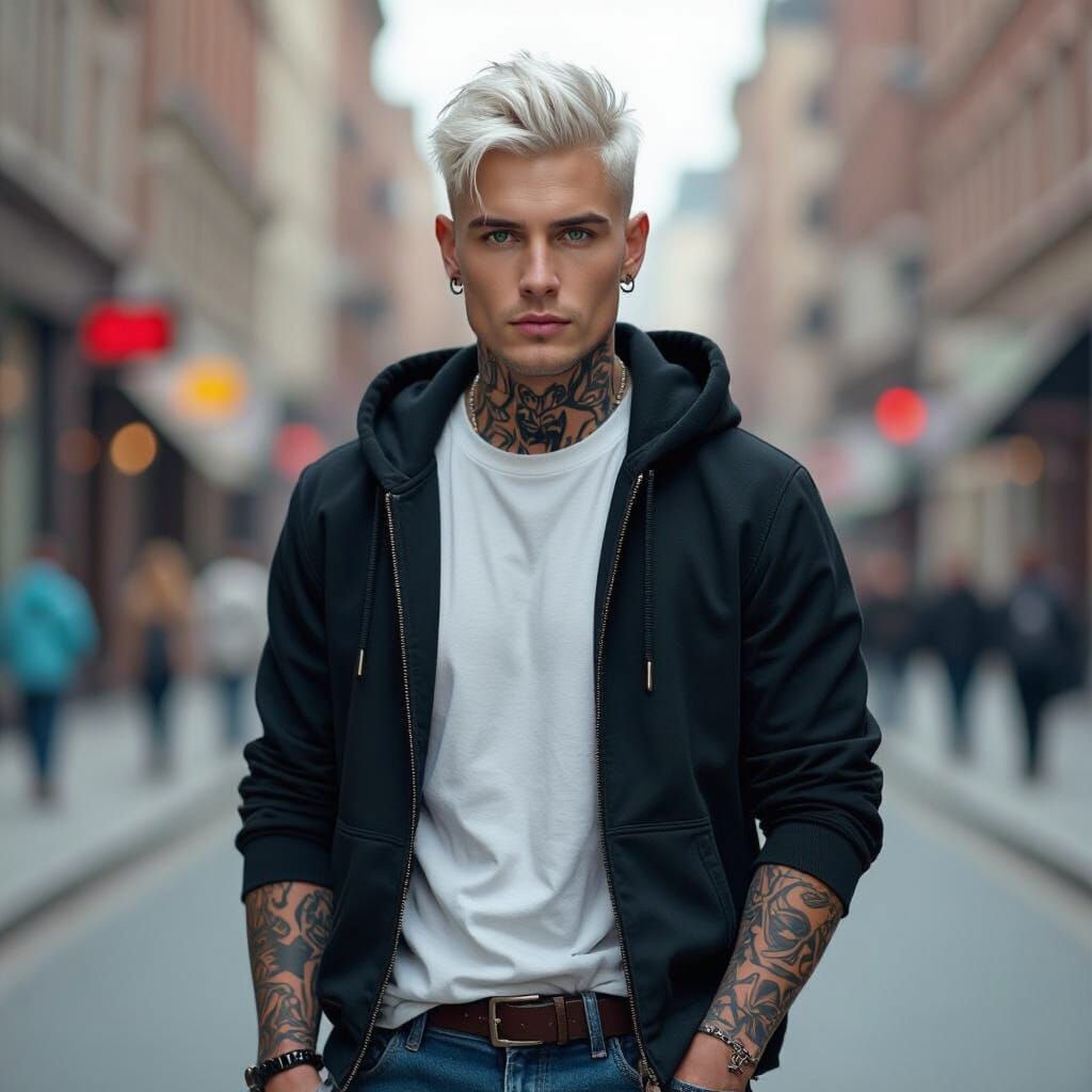 Hyperrealistic Scandinavian Man with Tattoos in Cityscape