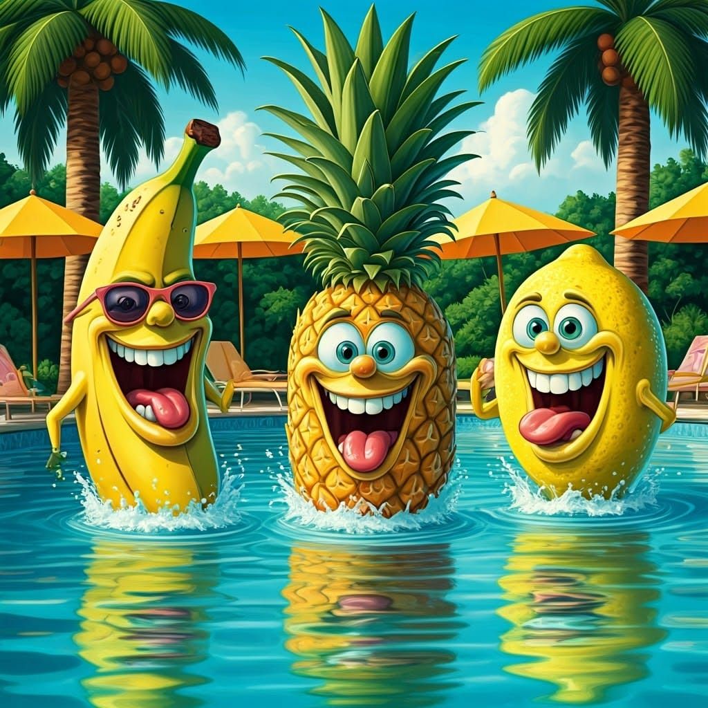 Humorous Fruit Caricature in Tropical Pool Party