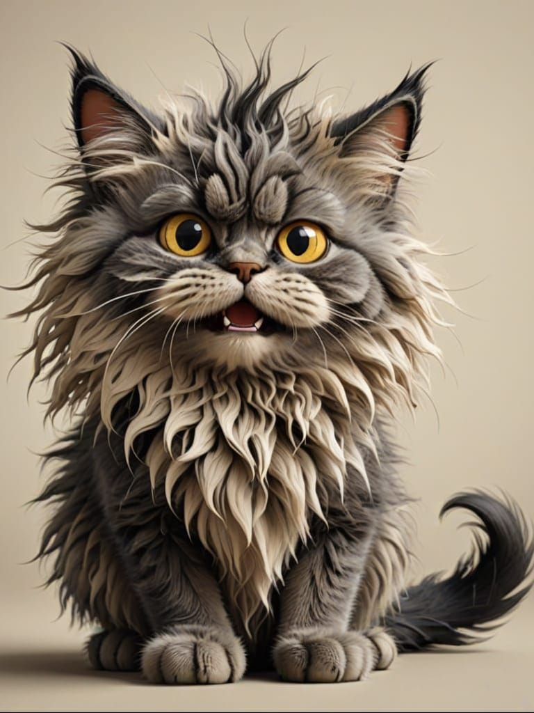 A frazzled cartoon cat with fur and hackles raised up in all...
