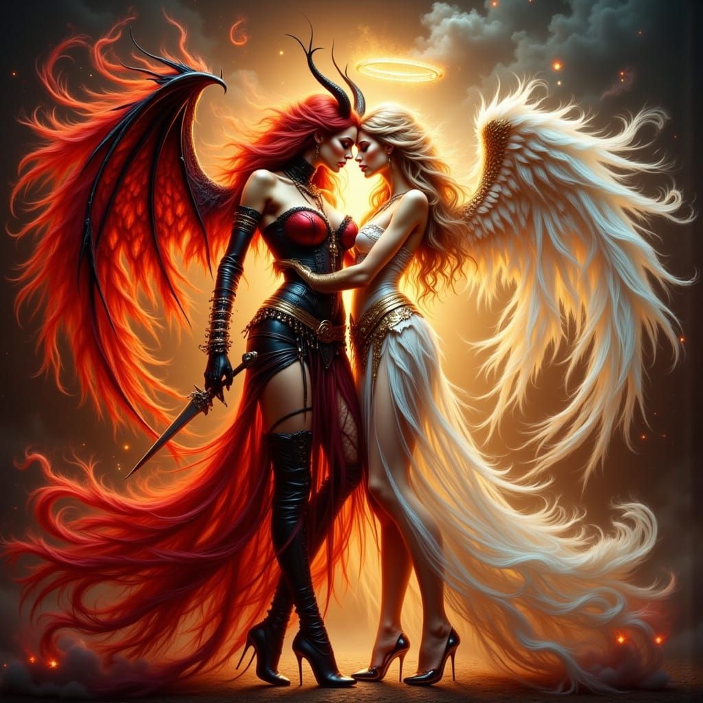 Seductive Demon and Angel Clash in Fiery Scene