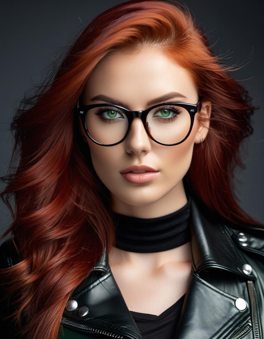Beautiful Woman with Red Hair in Leather Jacket