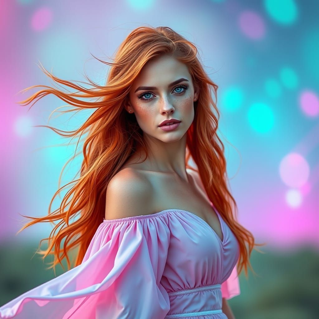 Beautiful Woman in Flowing Dress, Futuristic Neon Art