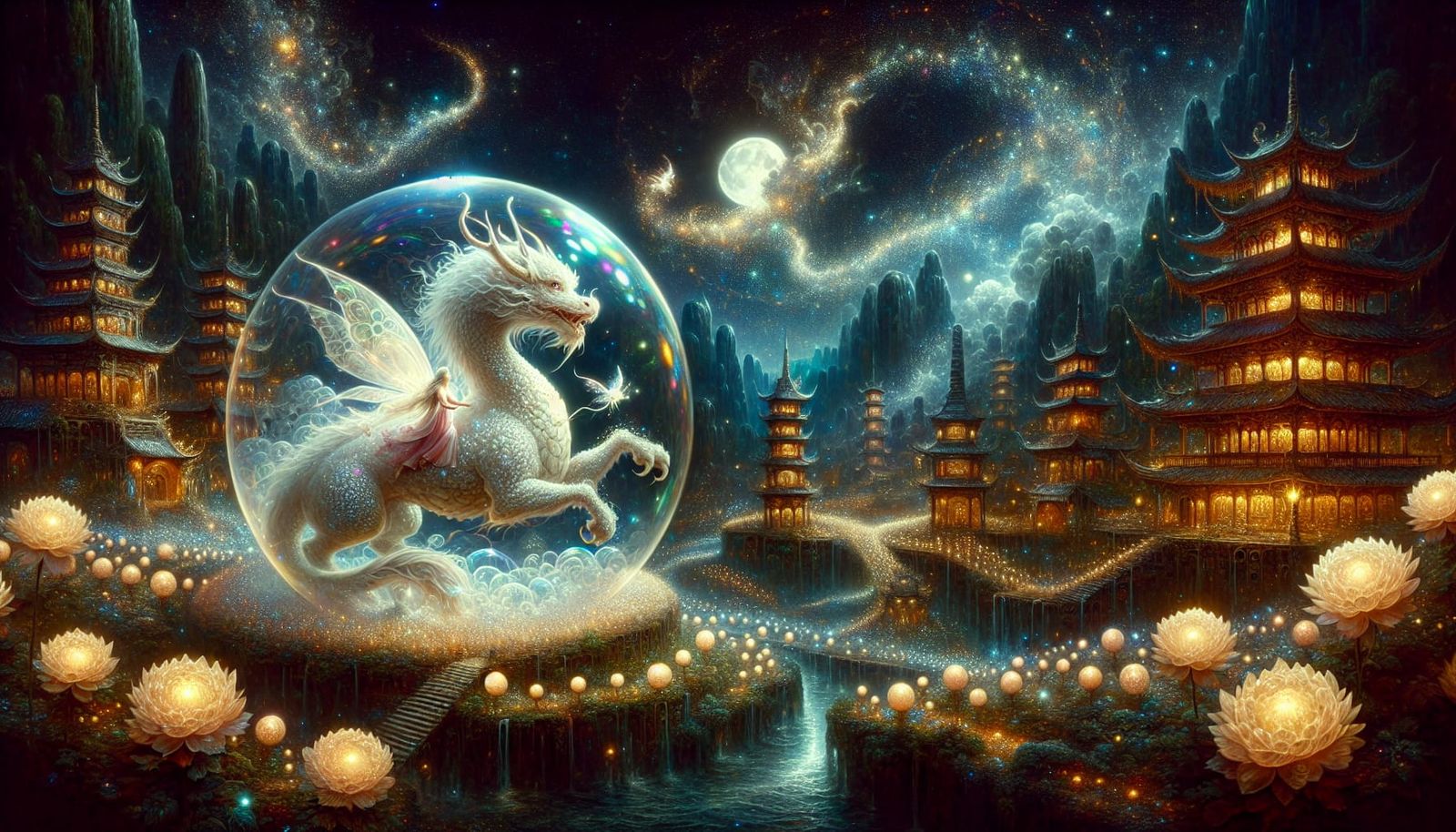 Fairy Rides Qilin in Soap Bubble, Open Impressionism