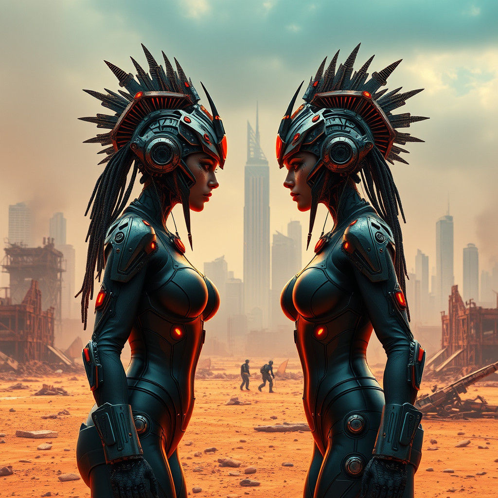 Cyborg Twins in Post-Apocalyptic City, Matte Painting