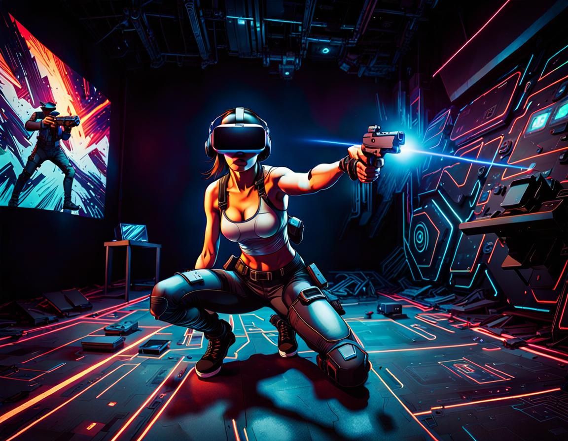 Gamer Girl in VR Simulation: Film Noir Style