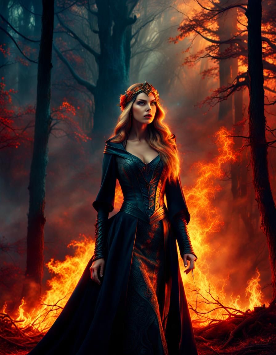 Mystic Sorceress in Burning Forest