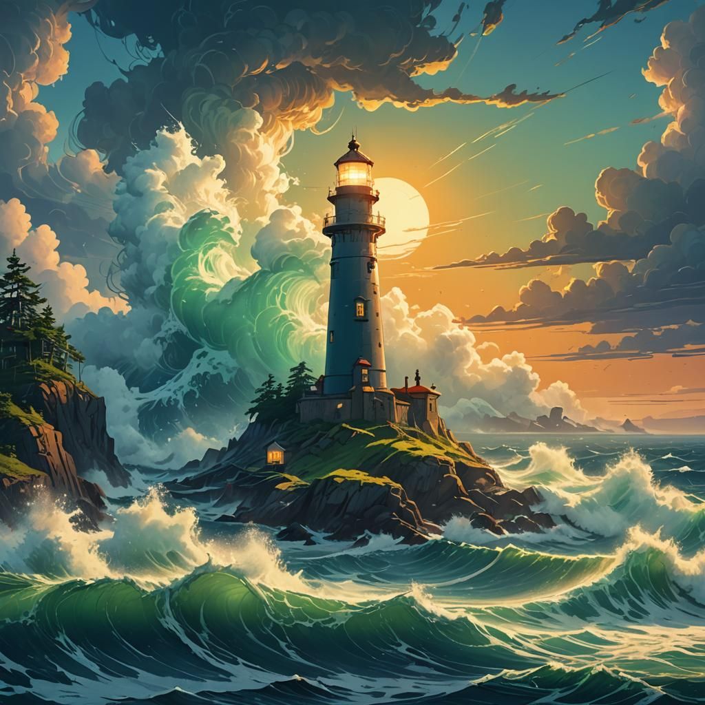 Lighthouse in Stormy Seas, Inspired by Stalenhag and Mead