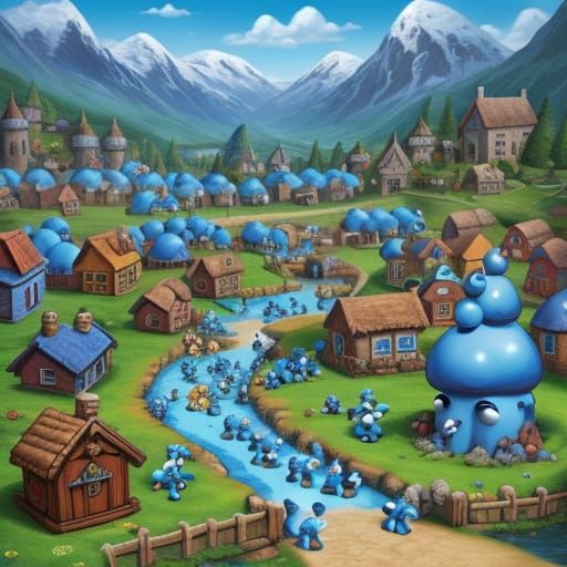 Bustling Smurf Village on a Sunny Day
