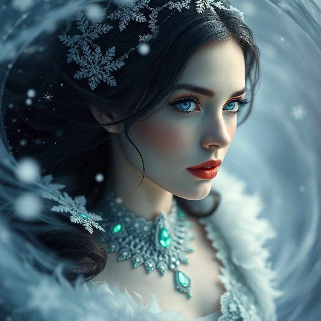 Ethereal Woman Emerges from Winter Vortex in Art Nouveau Sty...