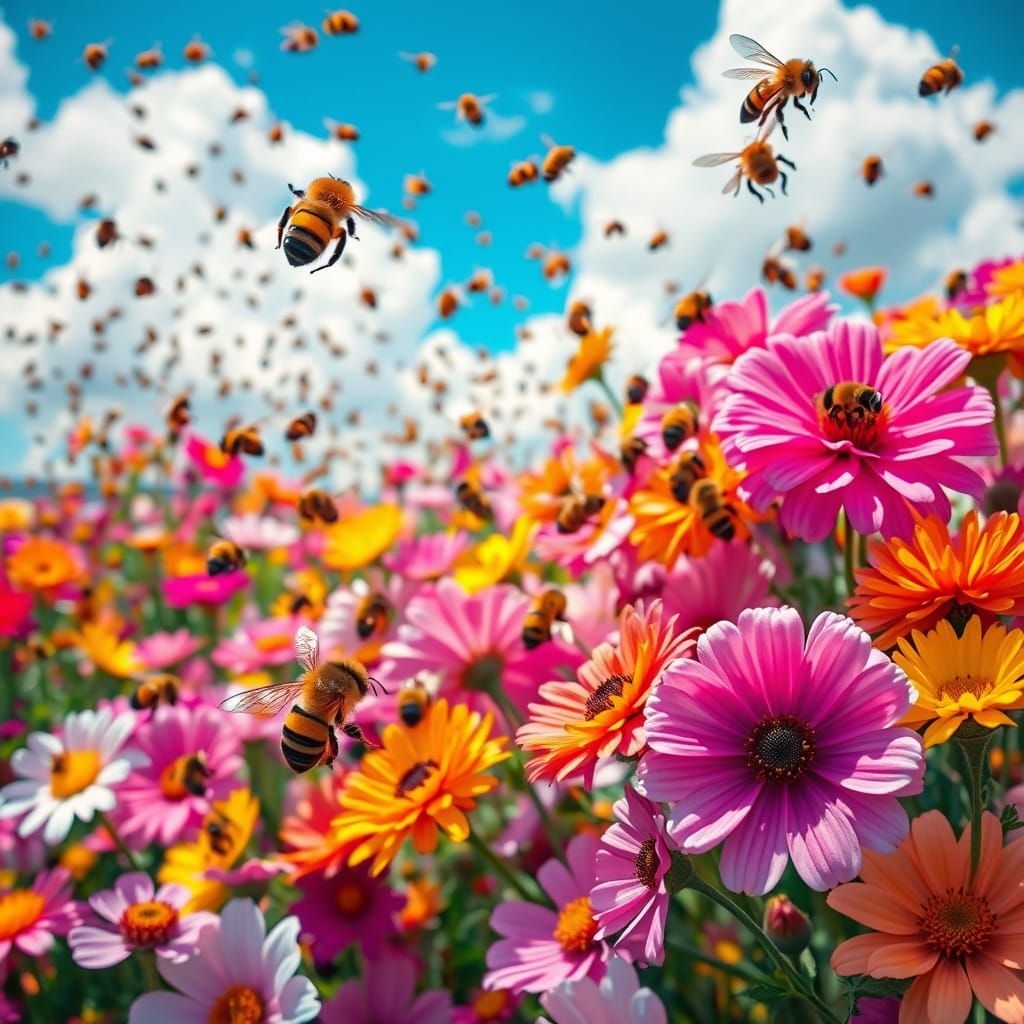 Vibrant Bees Dance Among Colorful Flowers in a Brilliant Blu...