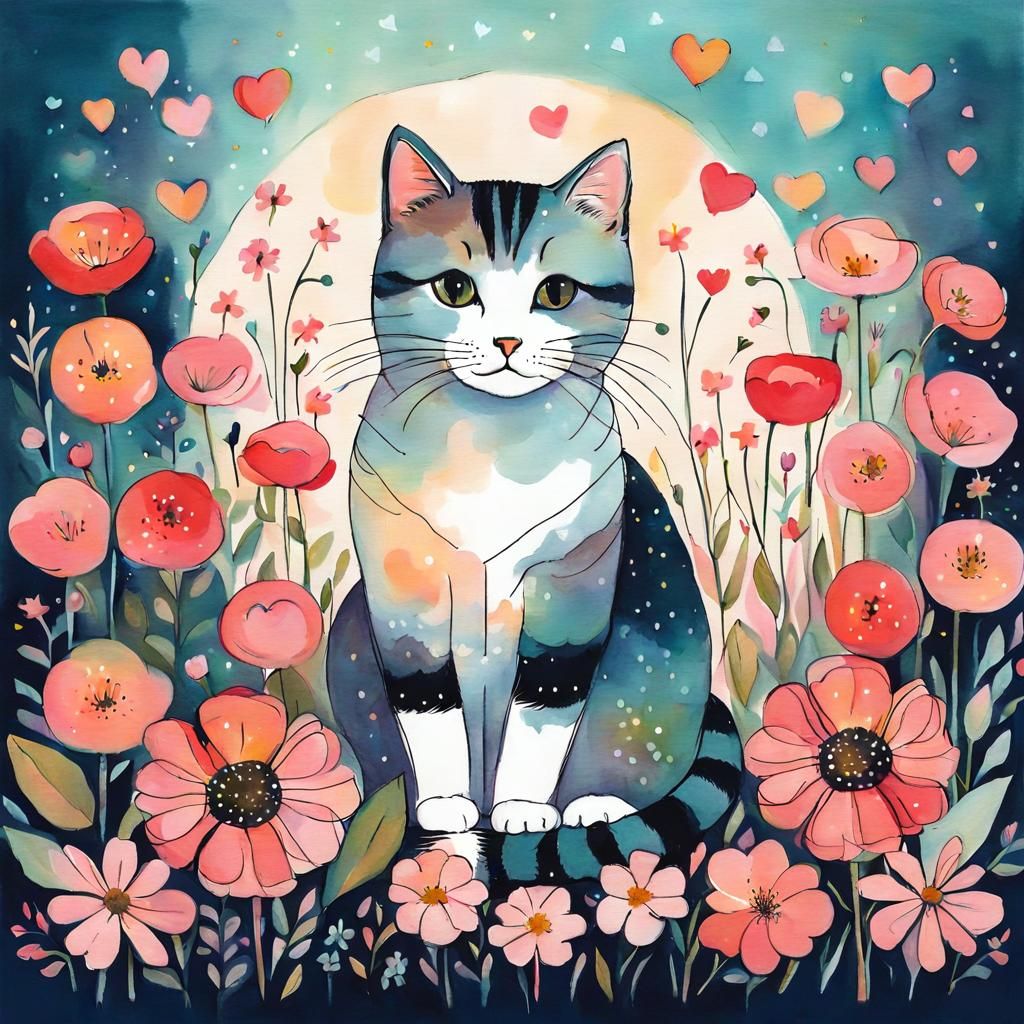 Cute Cat Surrounded by Flowers in Mixed Media Style