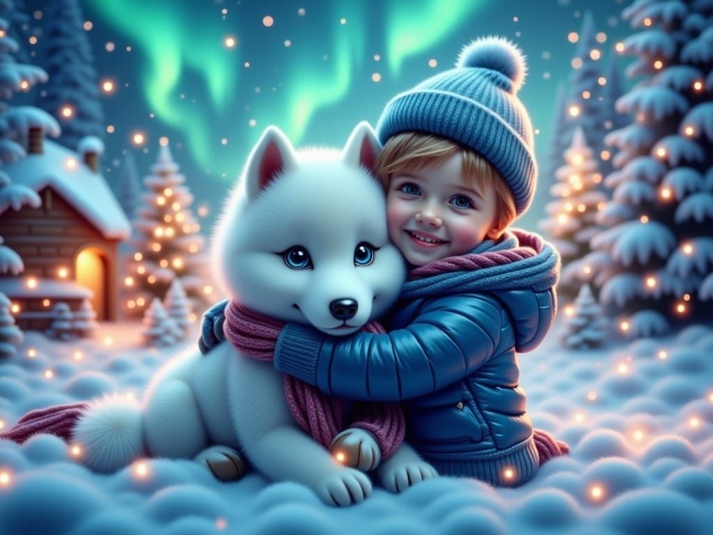 Little Boy and Fluffy Samoyed in Winter Wonderland