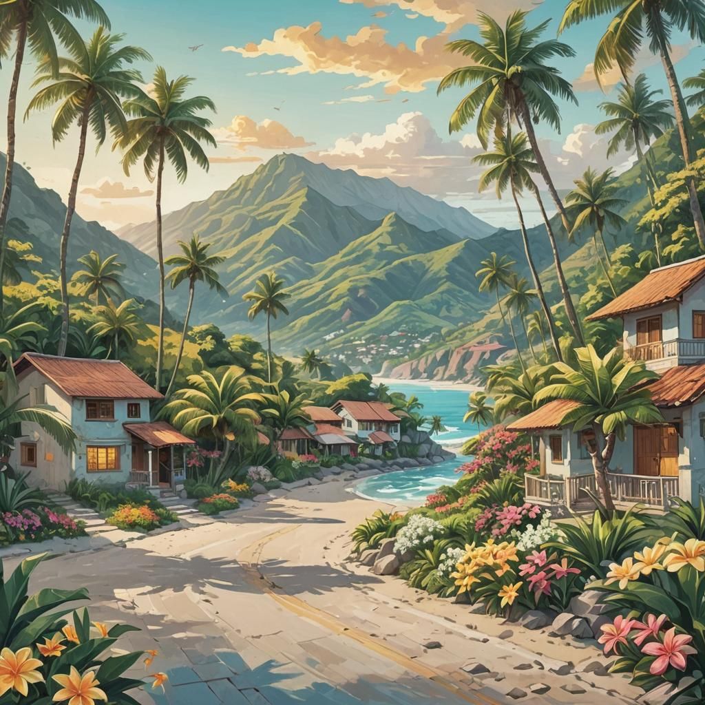 Idyllic Tropical Village in Comic Book Style