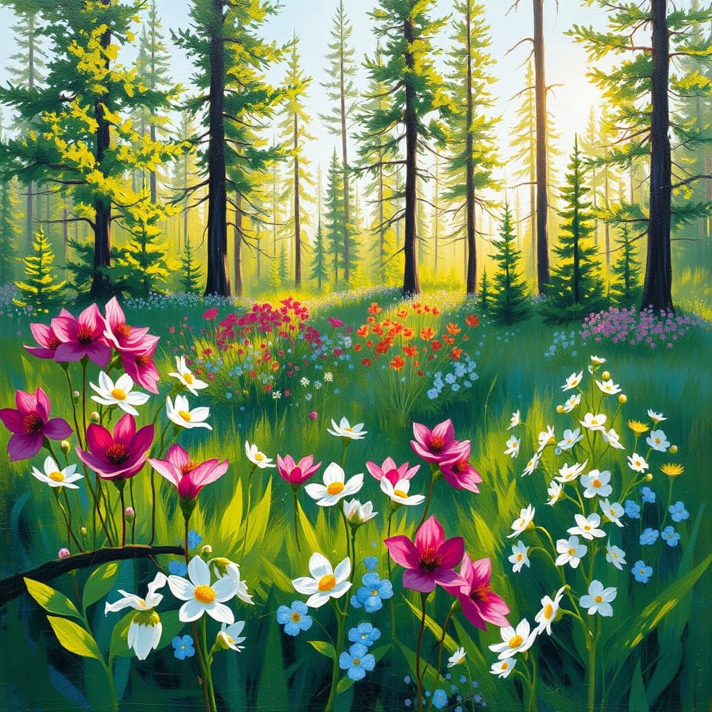 Siberian Taiga Landscape in Impressionist Style