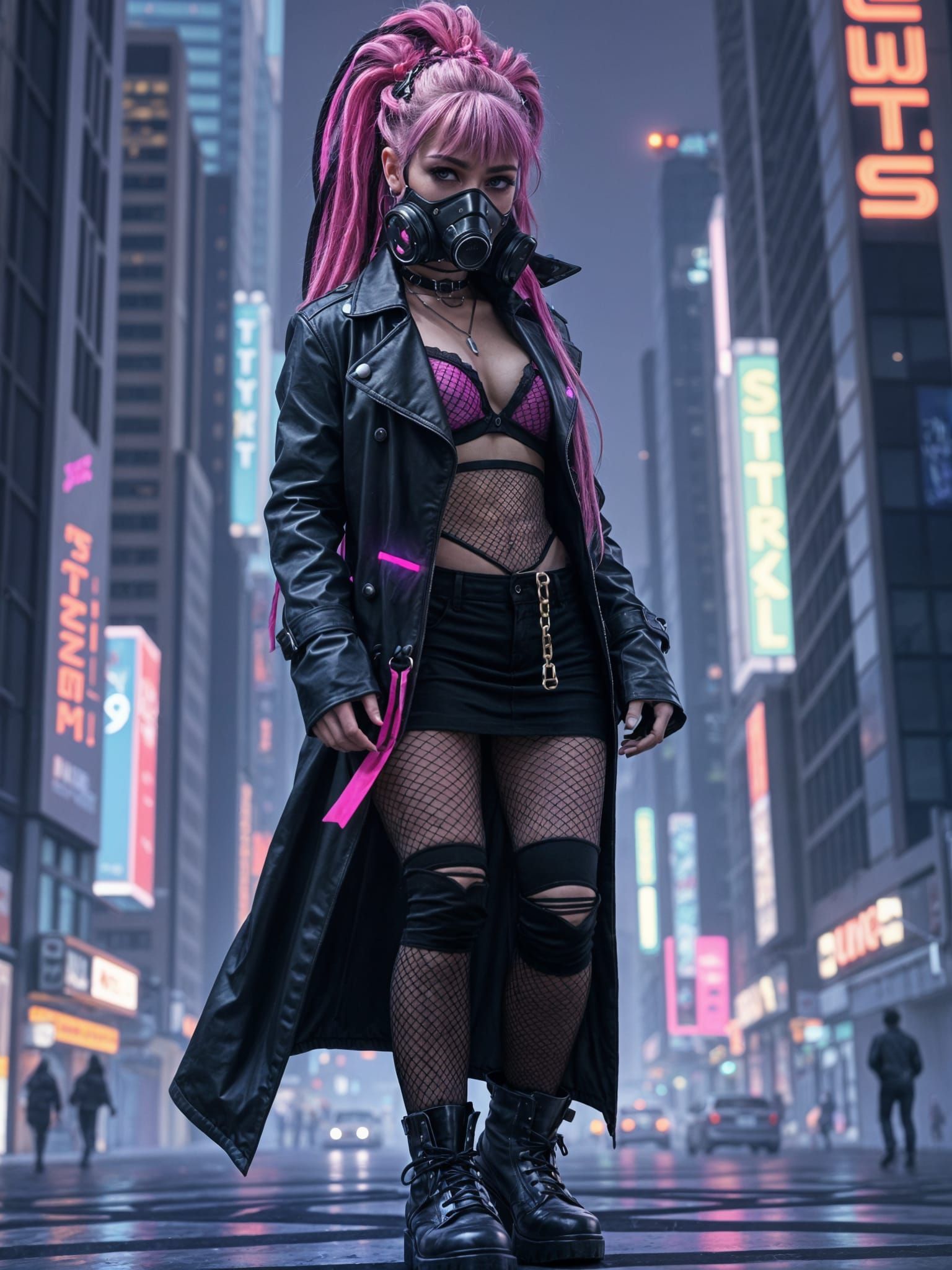 Gothic Cyberpunk Girl with Neon Cables, Hyperdetailed
