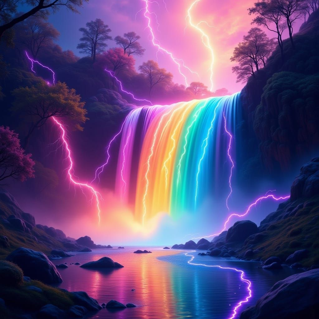 Dreamcore Rainbow Waterfall with Lightning Tendrils