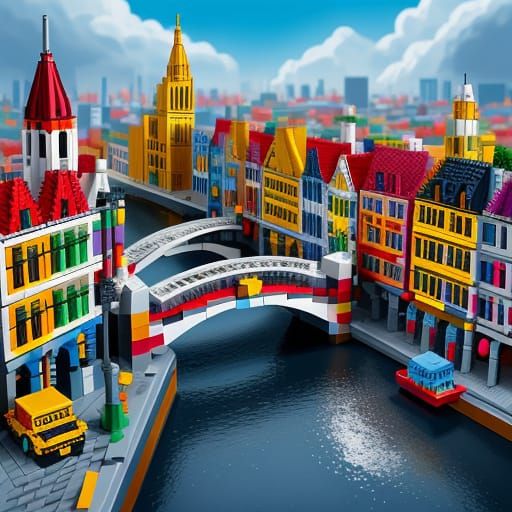 City with a toll bridge made of colourful lego building bloc...