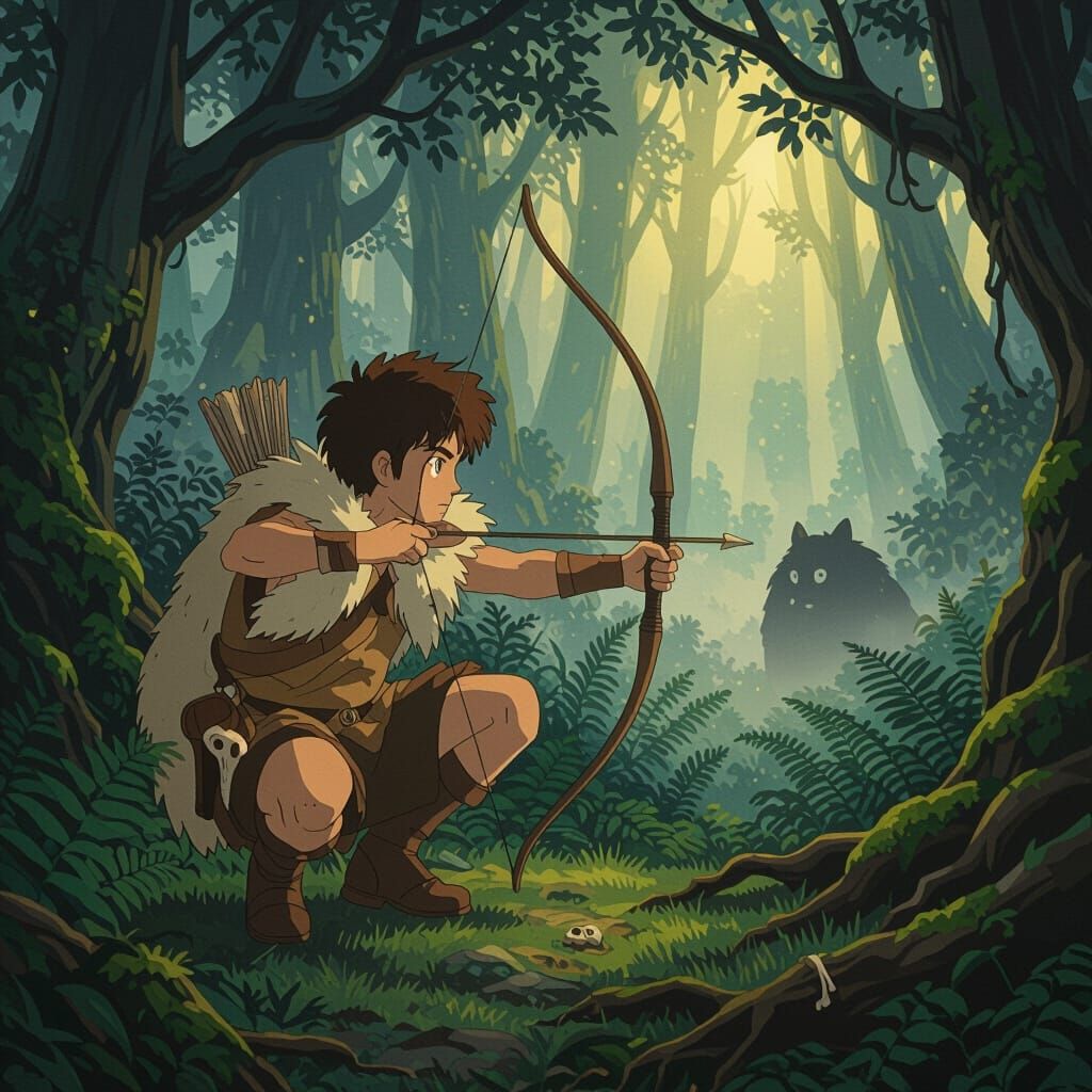 Teenage Archer in Misty Forest at Dawn, Studio Ghibli Style