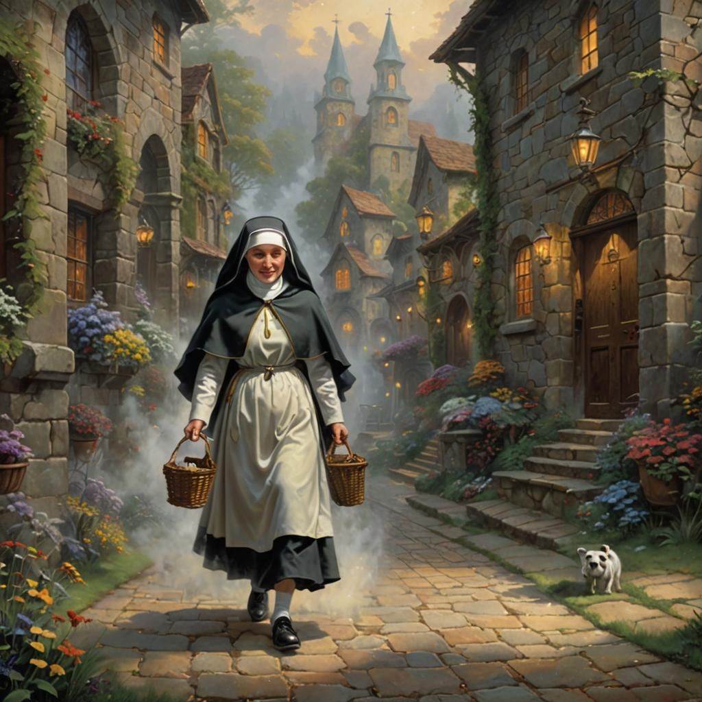 The Little NuN EsCaPeS1 ethereal fantasy hyperdetailed mist Thomas Kinkade