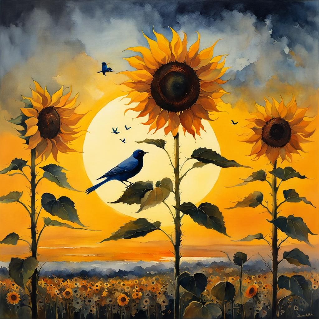 Sunflower and Bird at Sunset: Watercolor Art
